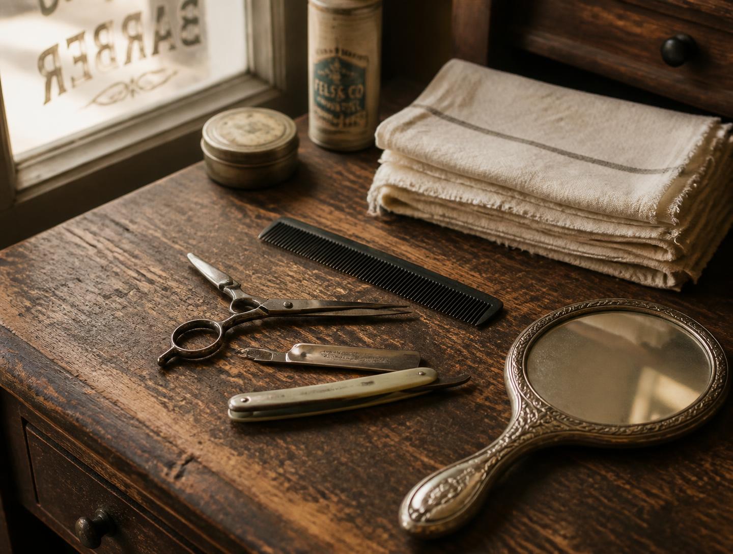 Barber's scissors, comb, razor and folded cloths on a wooden counter