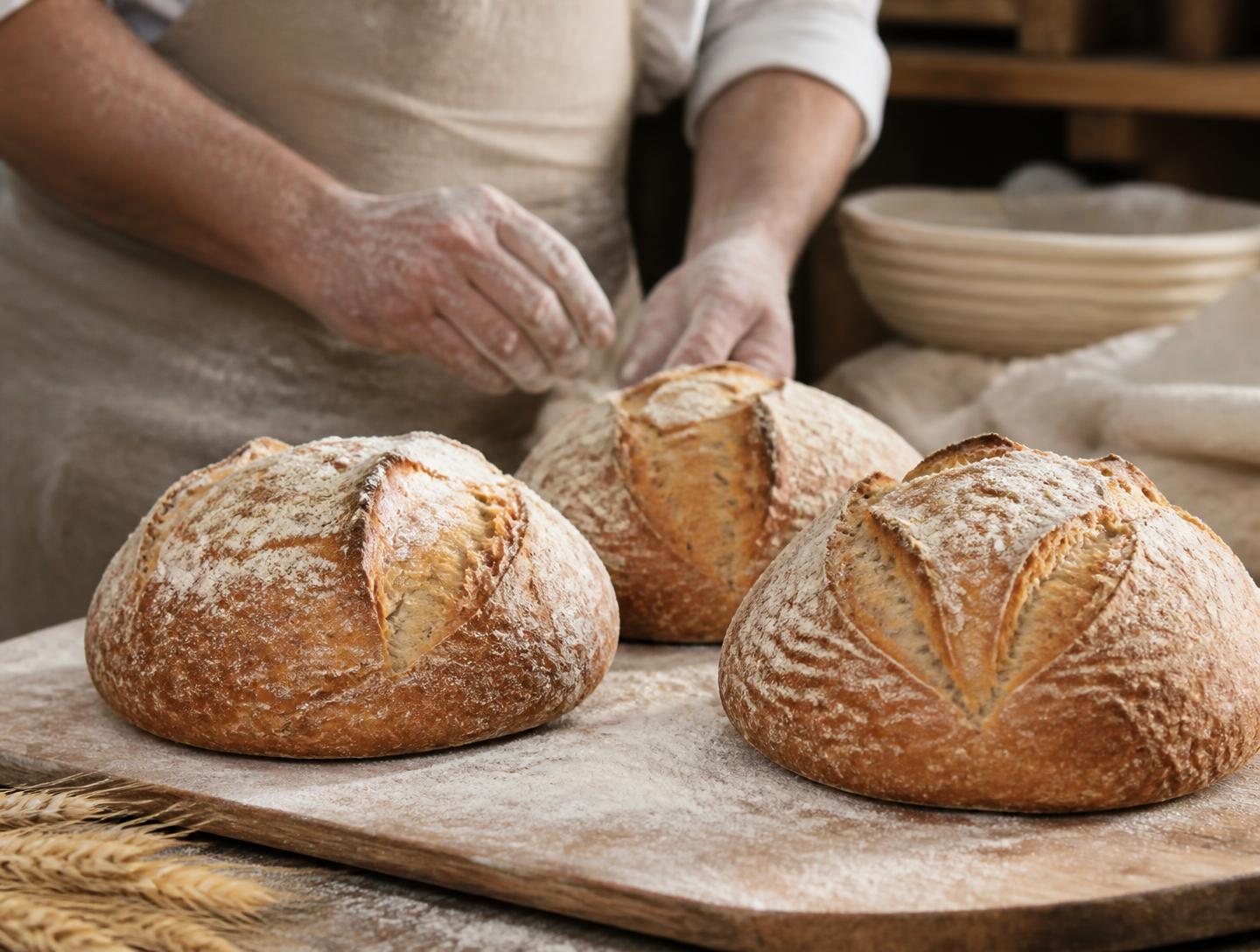Freshly baked round loaves cooling on a wooden board
