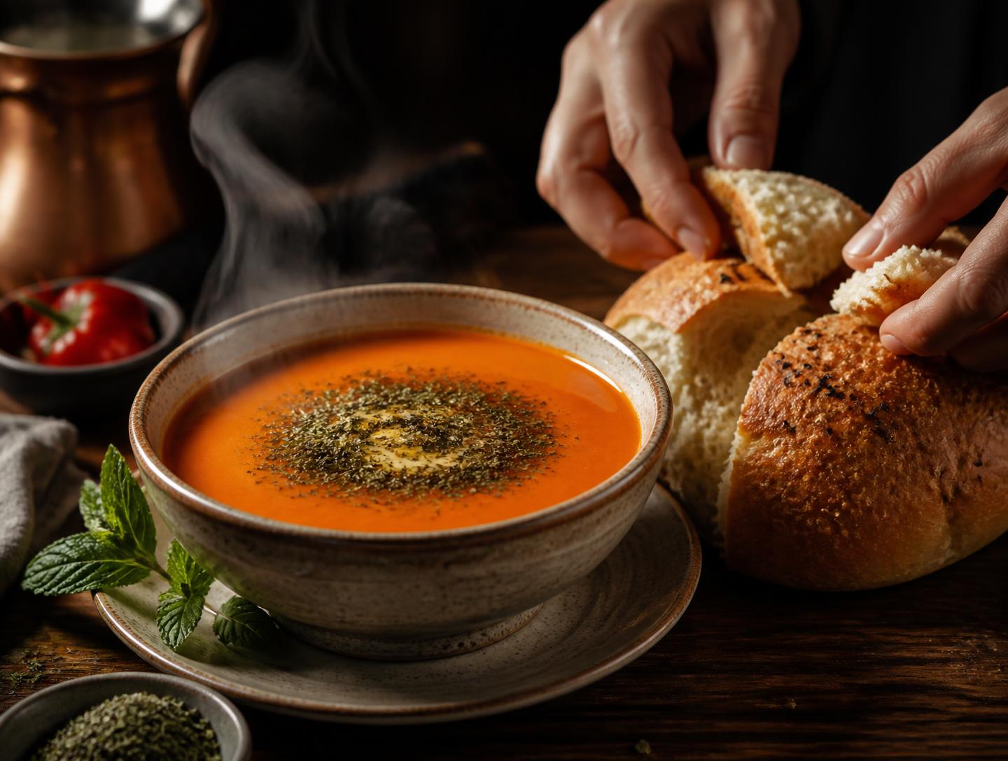 A hot bowl of tarhana with dried mint, served with torn house bread